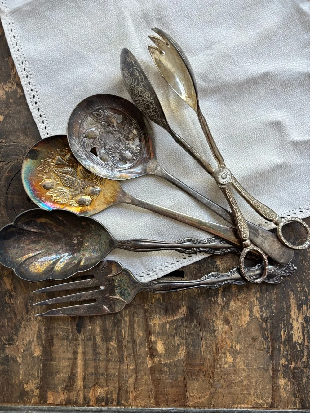 Vintage Silver-Tone Decorative Serving Utensils - Tarnished Silver Finish Lot